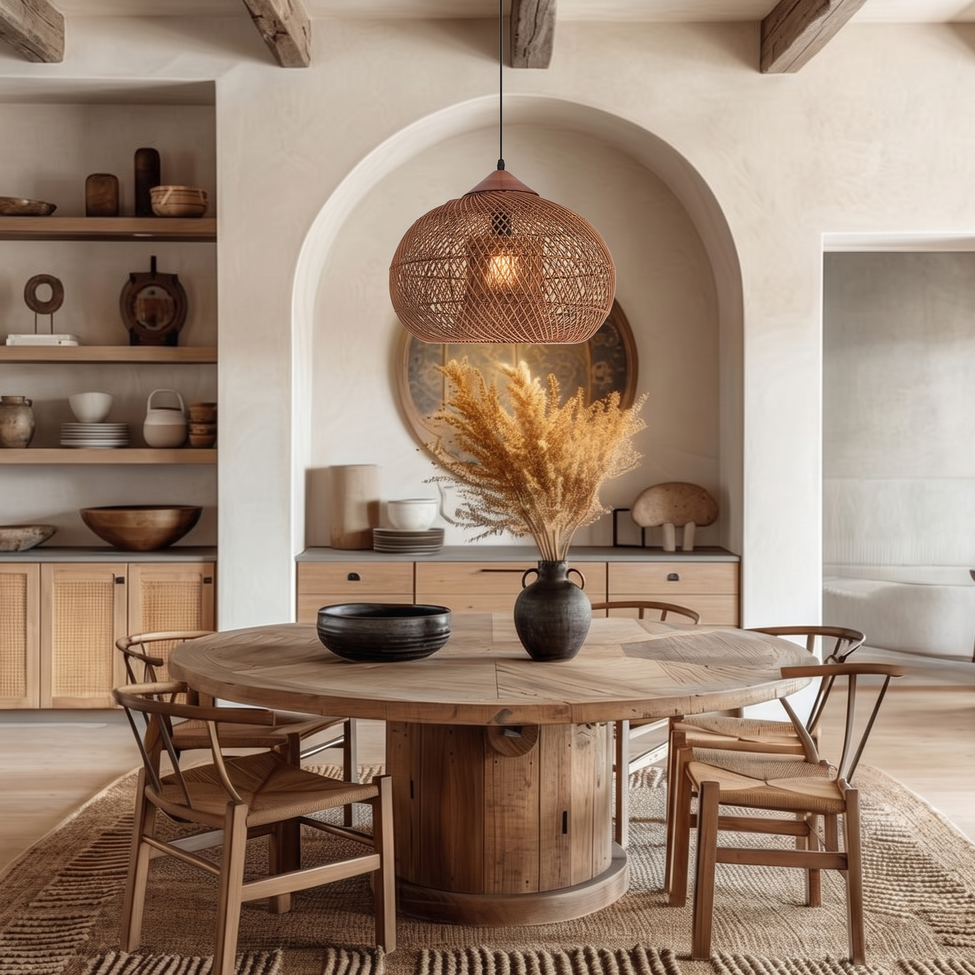 Handcrafted Rattan Pendant Light Retro Wabi-Sabi-style Chandelier for Dining Room Kitchen Island