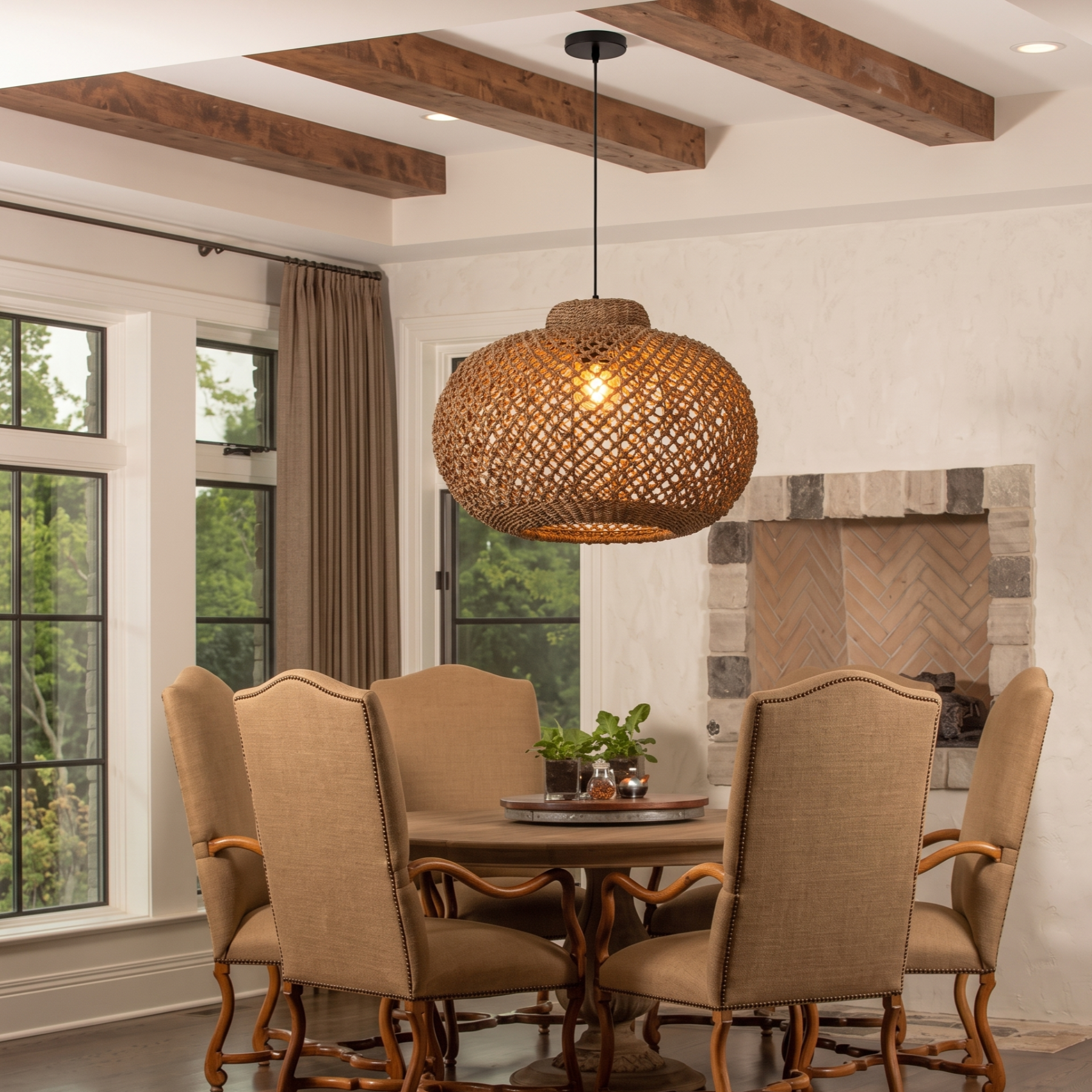 Natural Woven Rattan Pendant Light – Rustic Boho Hanging Ceiling Lamp for Dining Room