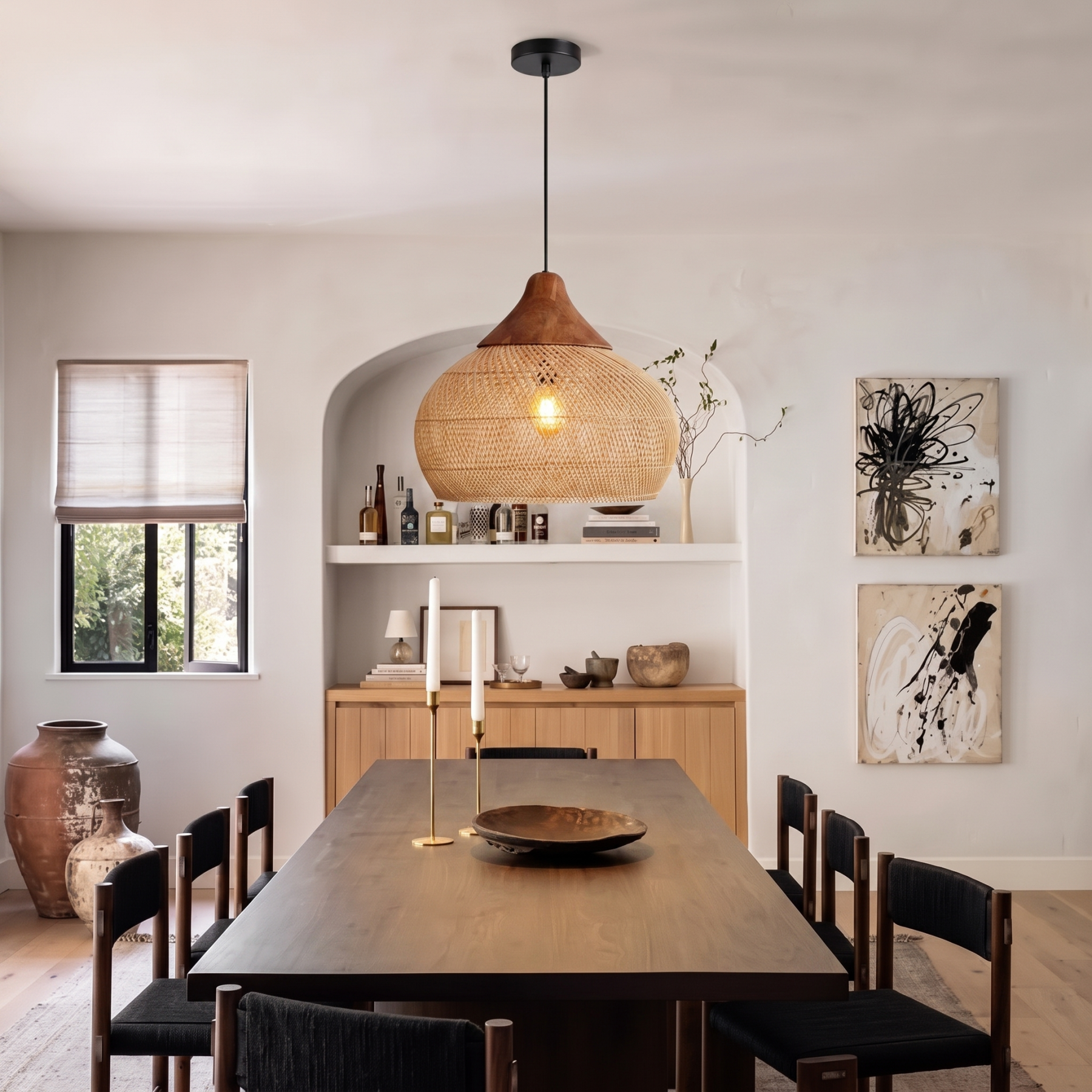 Black Rattan Dome Pendant Light for Kitchen Island