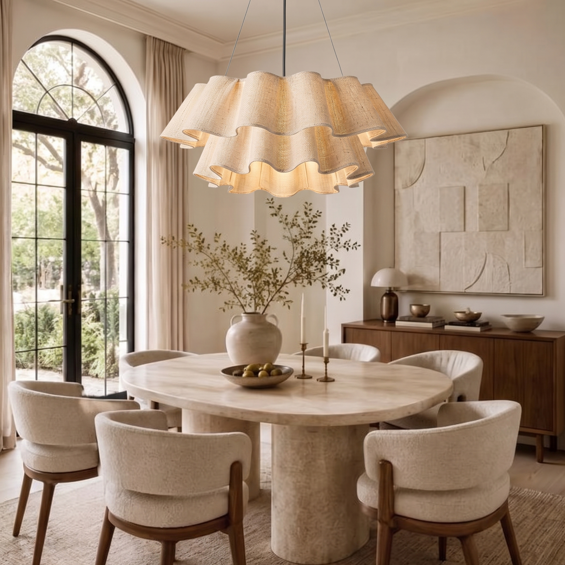Nordic Wavy Linen Tiered Pendant Light – Modern Boho Pleated Fabric Chandelier for Dining Room & Living Room