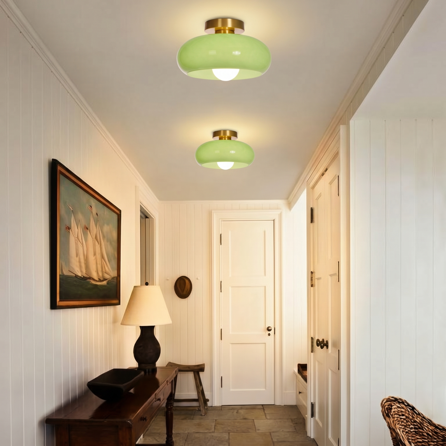 Mid Century Modern Green Glass Flush Mount Ceiling Light for for Bedroom Hallway