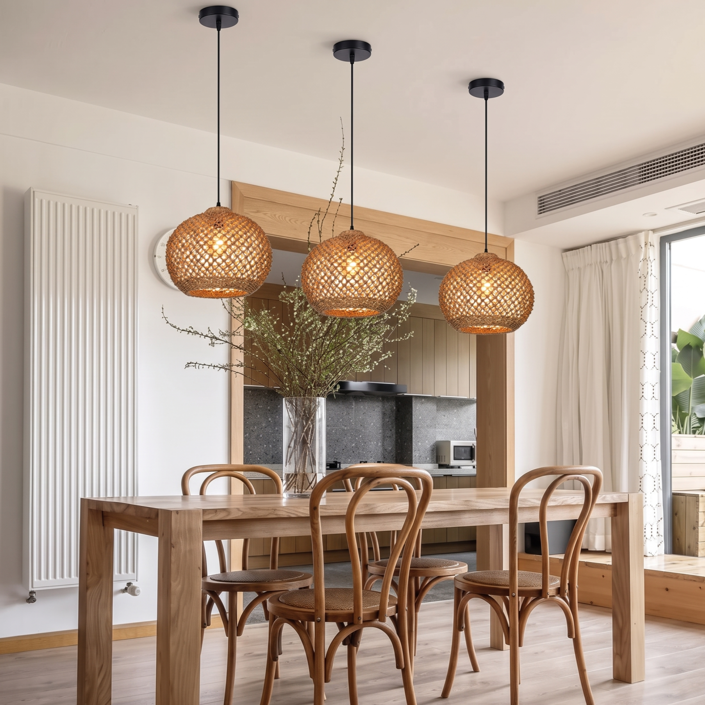 Natural Woven Rattan Pendant Light – Rustic Boho Hanging Ceiling Lamp for Dining Room
