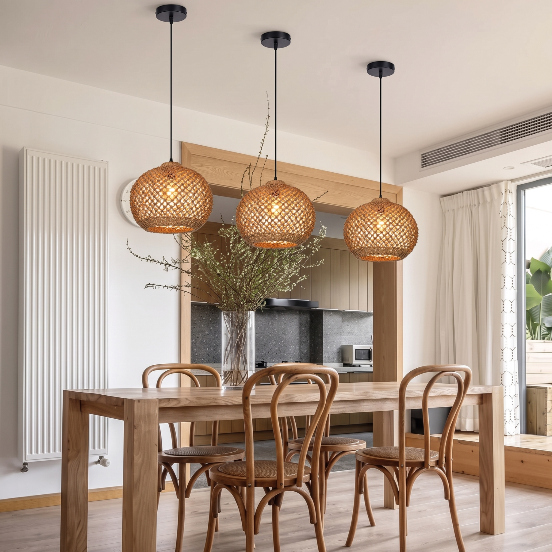 Natural Woven Rattan Pendant Light – Rustic Boho Hanging Ceiling Lamp for Dining Room