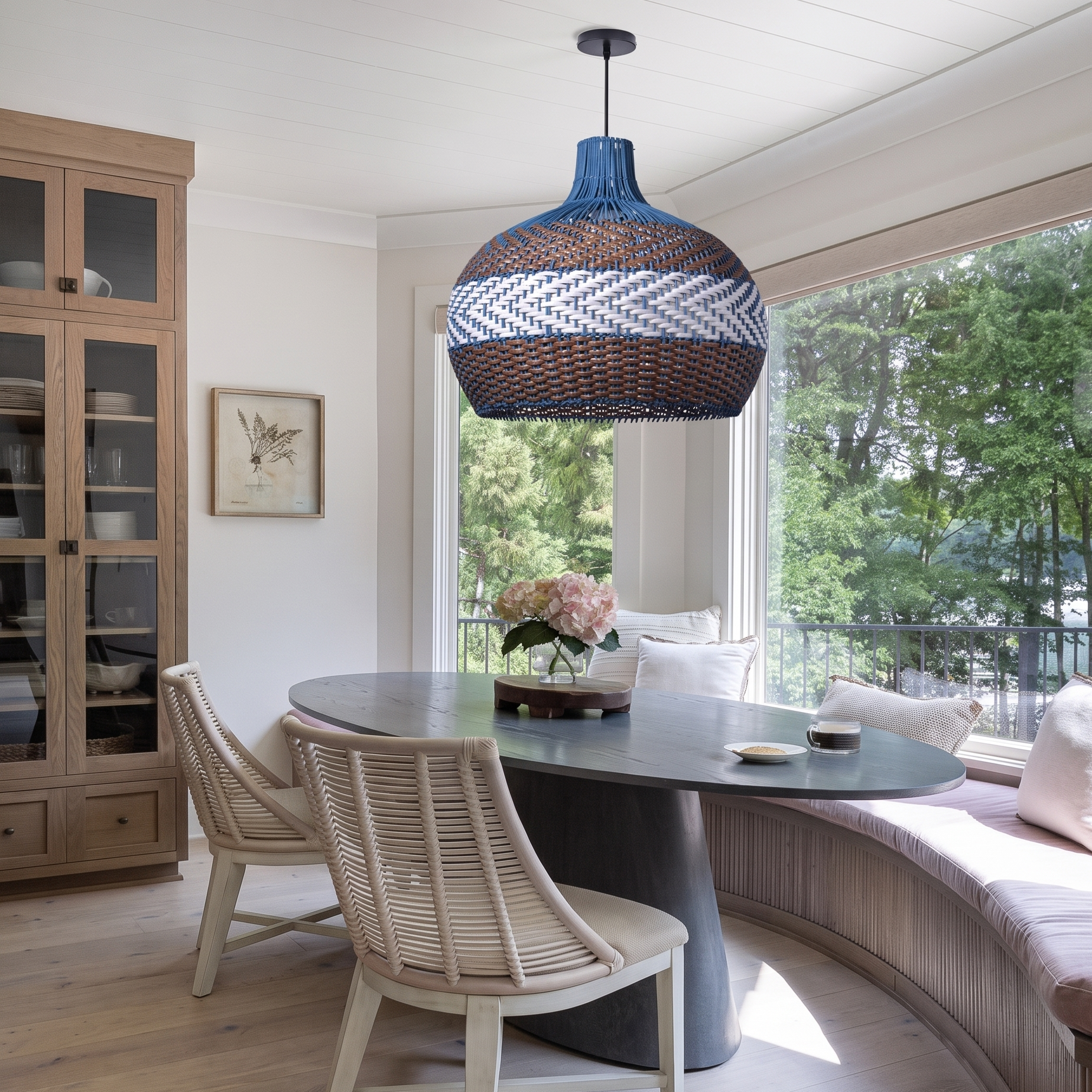 Handwoven Woven Blue Rattan Pendant Light-Boho Coastal Ceiling Light for Dining Room Bedroom & Living Room