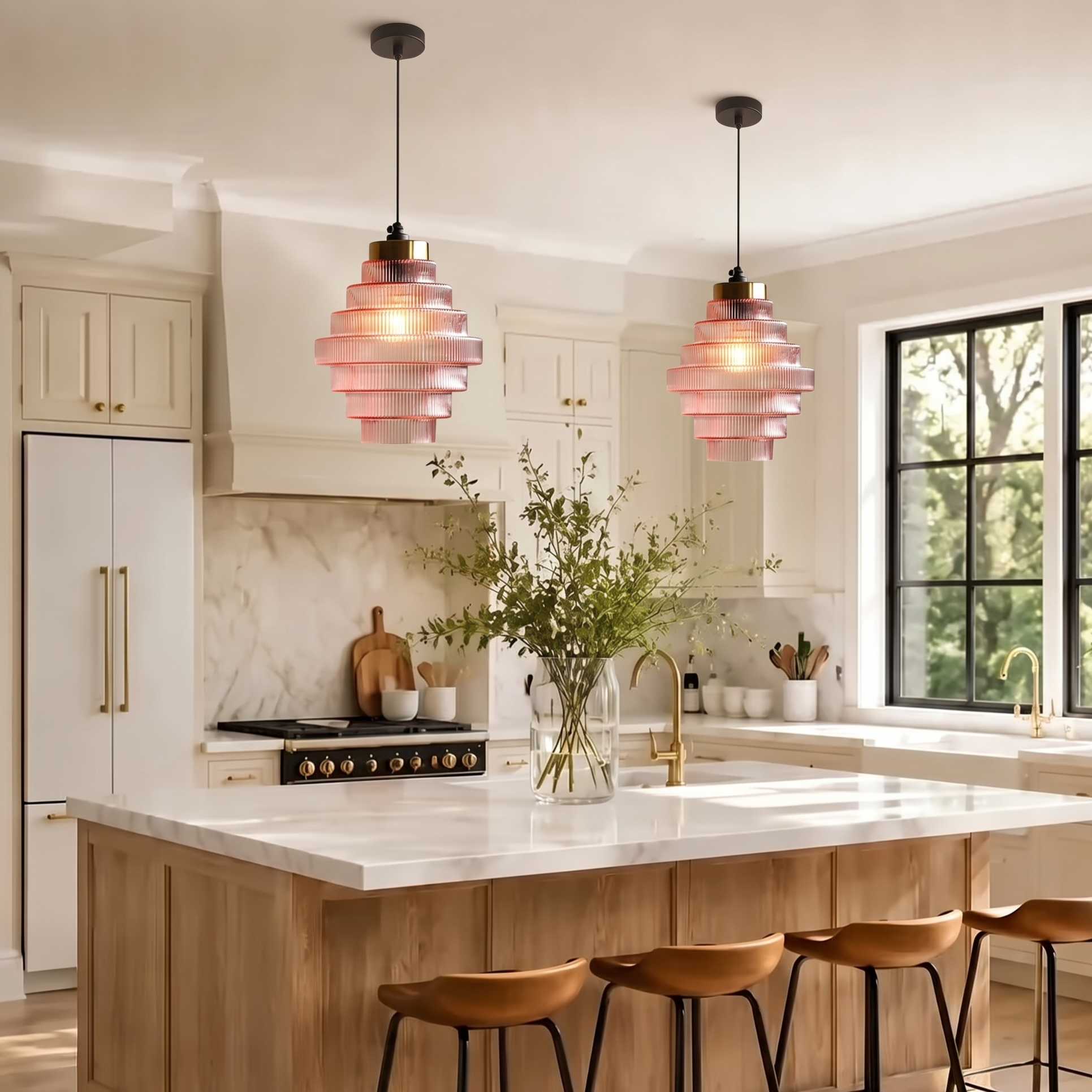 Art Deco style tiered fluted glass pendant light in blush pink with brass hardware