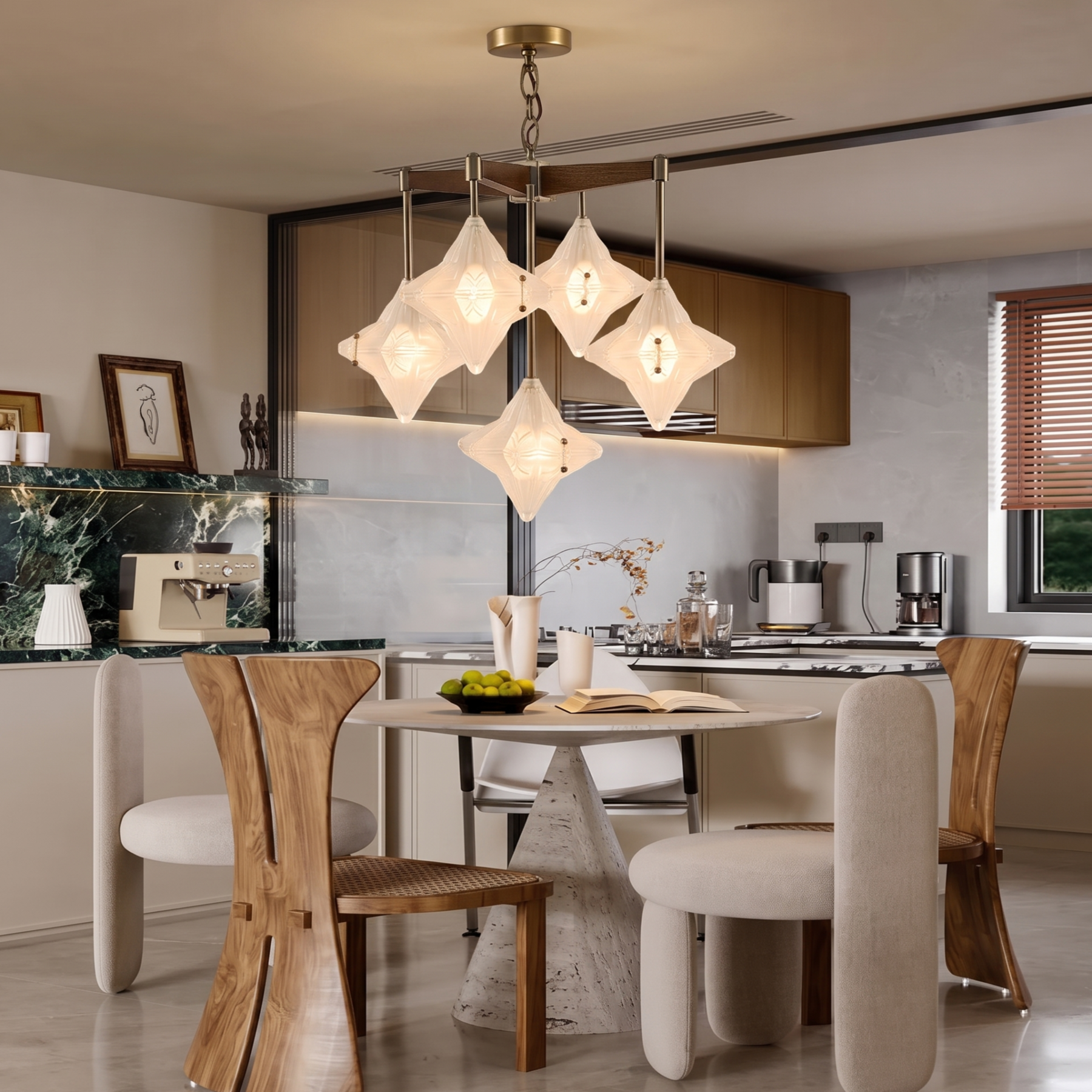 Mid-Century Modern Starburst Glass Chandelier Solid Wood Pendant Fixture for Dining Room Living Room Kitchen Island