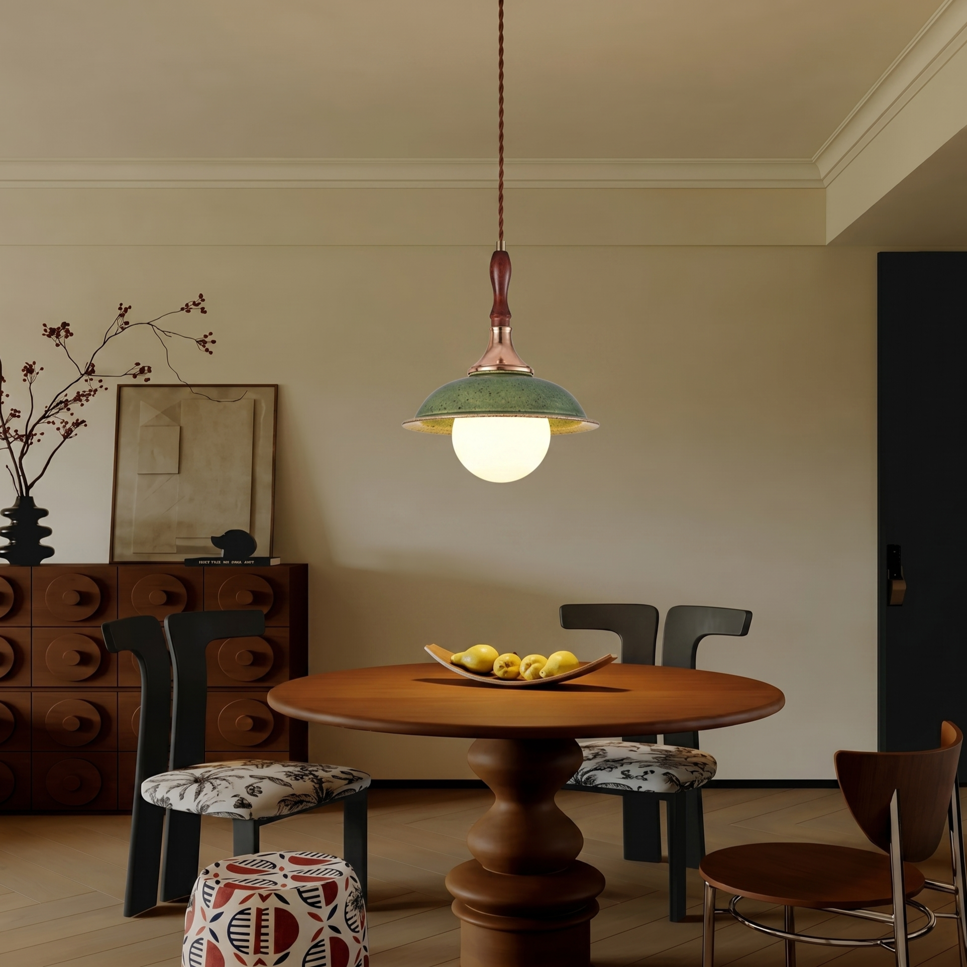Wabi-Sabi Green Ceramic Hanging Pendant Light for for Dining Room Kitchen Island Cafe