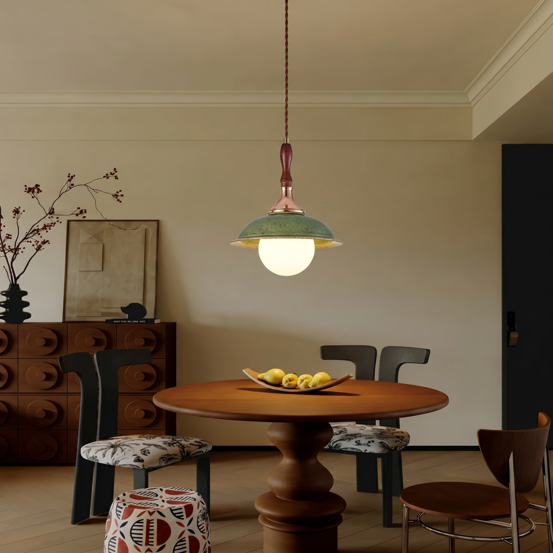 Wabi-Sabi Green Ceramic Hanging Pendant Light for for Dining Room Kitchen Island Cafe