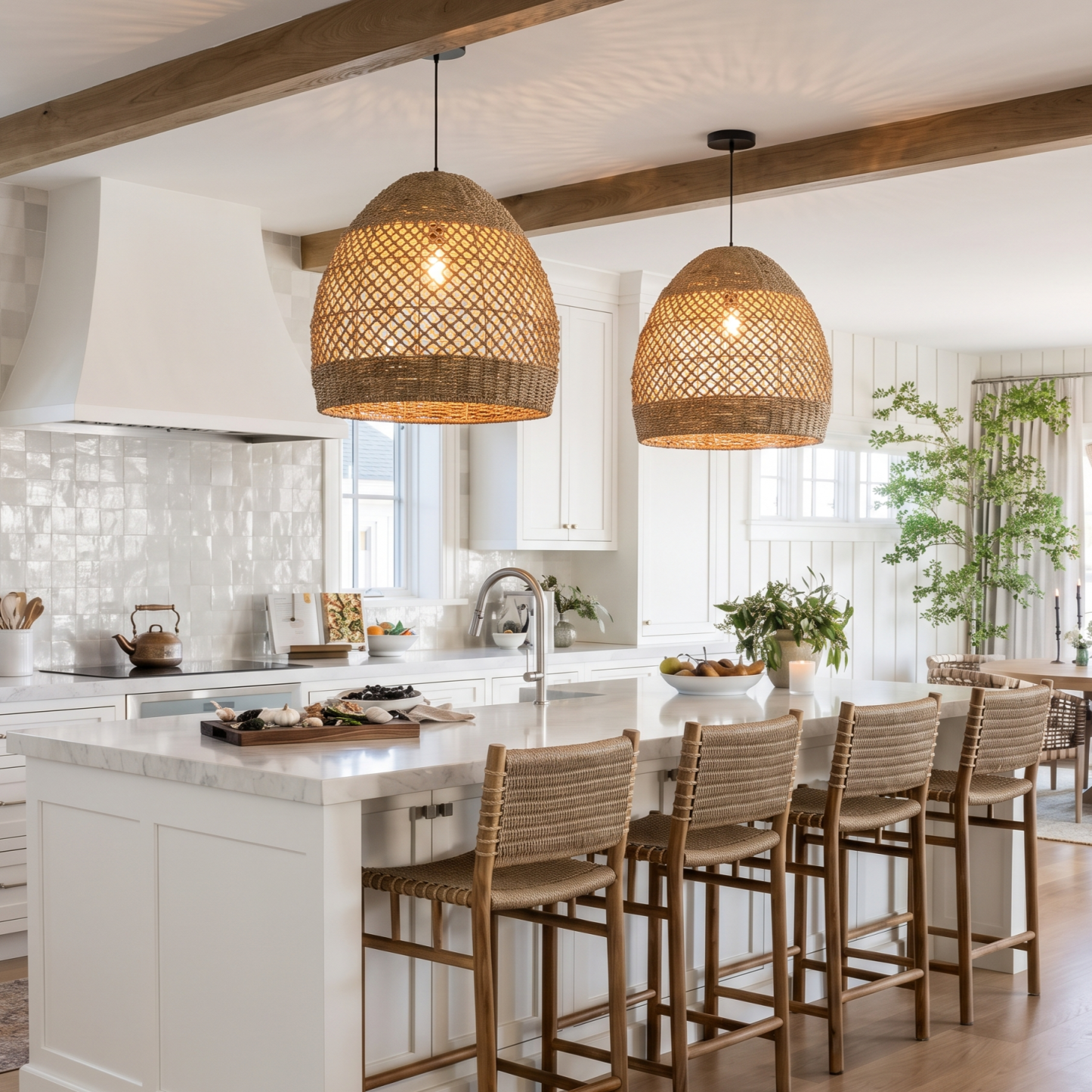 Farmhouse Coastal Boho Hanging Lamp with Handwoven Rattan Woven Pendant Light 