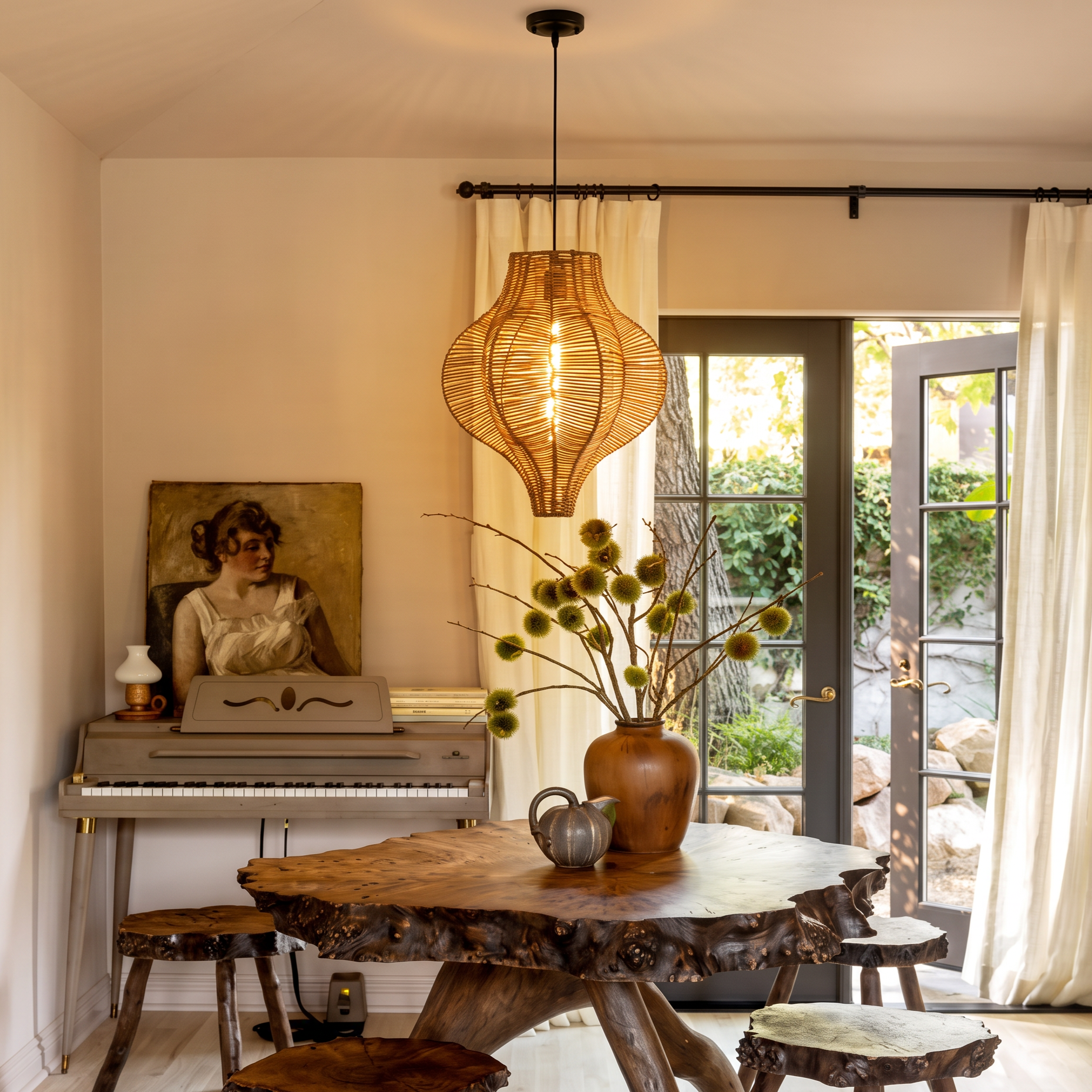 Coastal Style Woven Basket Rattan Pendant Light for Dining Room Kitchen Island