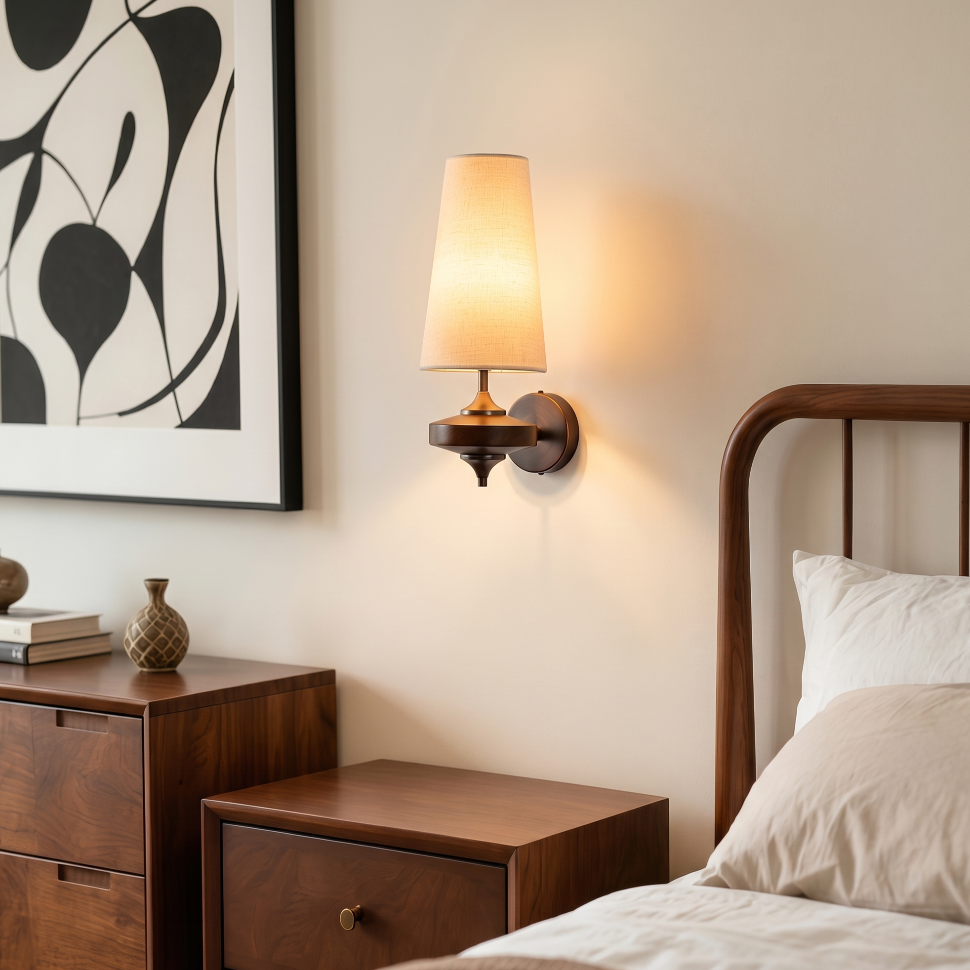 Modern Mid-Century Fabric Wall Sconce Elegant Dark Wood Accent Sconce for the Bedroom Living Room and Hallway