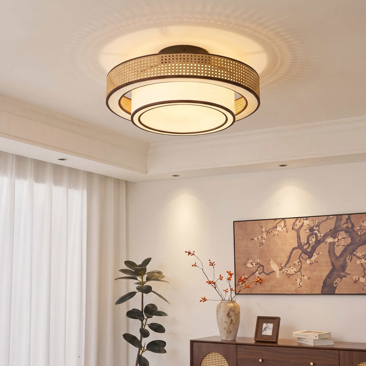 Japanese style Drum Rattan Flush Mount Ceiling Light for Bedroom Living Room
