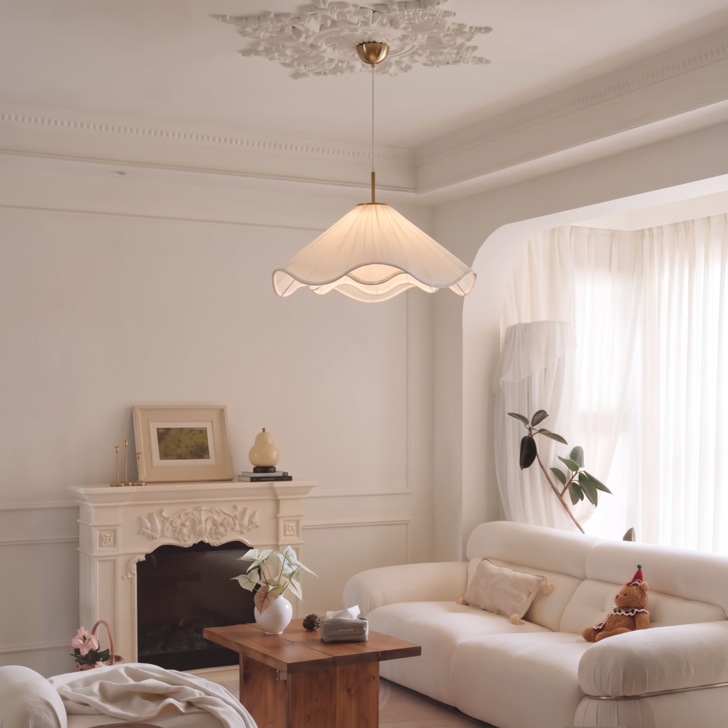 Creative Pleated White Fabric Flower Pendant Light-Elegant Hanging Lamp for Dining Room Bedroom Kitchen Island