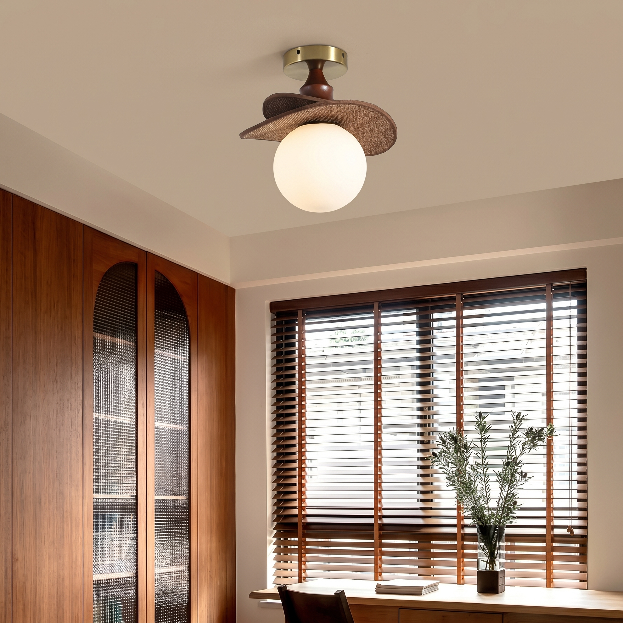 French Vintage Wavy Raffia Ceiling Light for Entrance Hallway