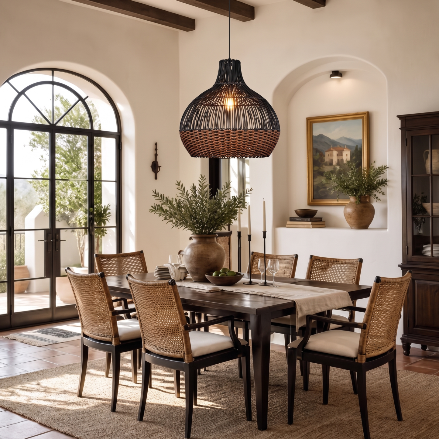 Black Woven Rattan Pendant Light – Handcrafted Boho Farmhouse Hanging Lamp for Dining Room Kitchen Living Room