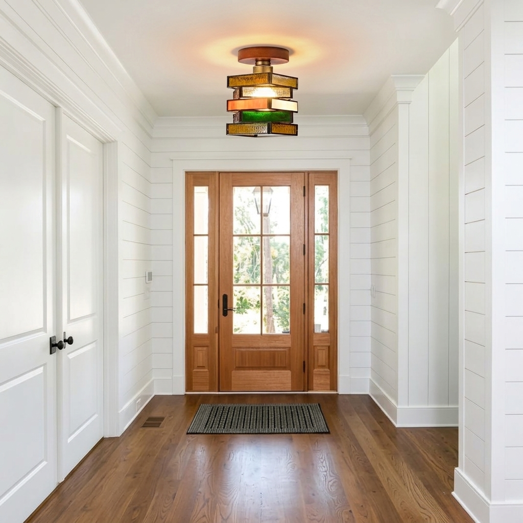 Retro Mid-Century Geometric Stained Glass Ceiling Light for Hallway Entryway Bedroom