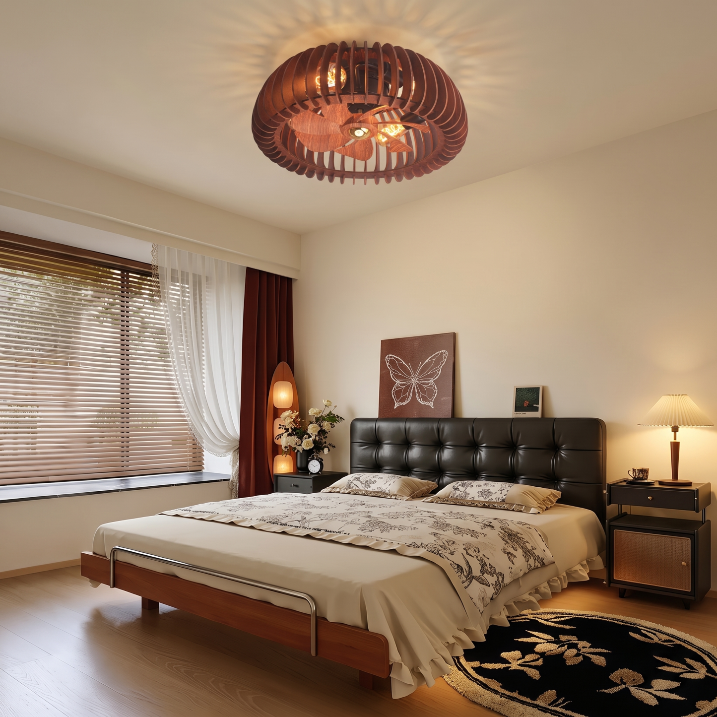 Handcrafted Wooden Cage Ceiling Fan Light Rustic Vintage Cage Chandelier Fan for Bedroom Living Room