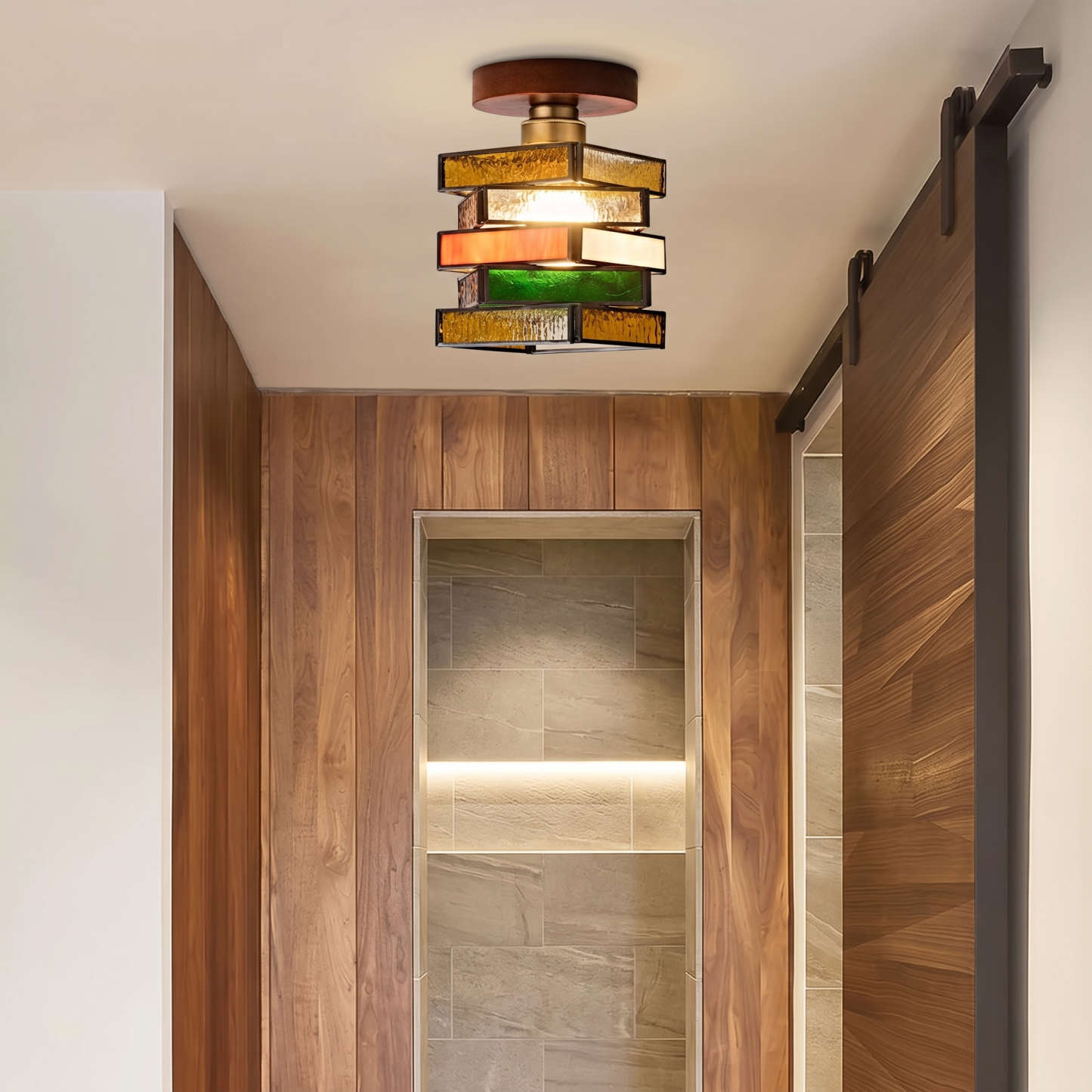 Retro Mid-Century Geometric Stained Glass Ceiling Light for Hallway Entryway Bedroom