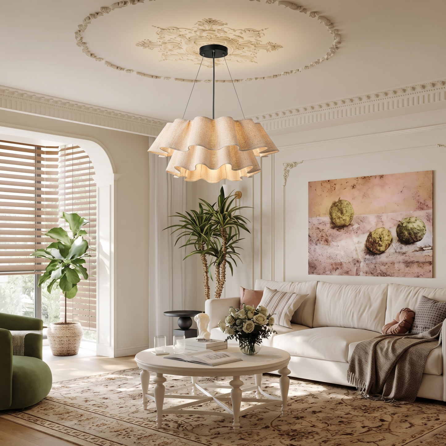 Nordic Wavy Linen Tiered Pendant Light – Modern Boho Pleated Fabric Chandelier for Dining Room & Living Room