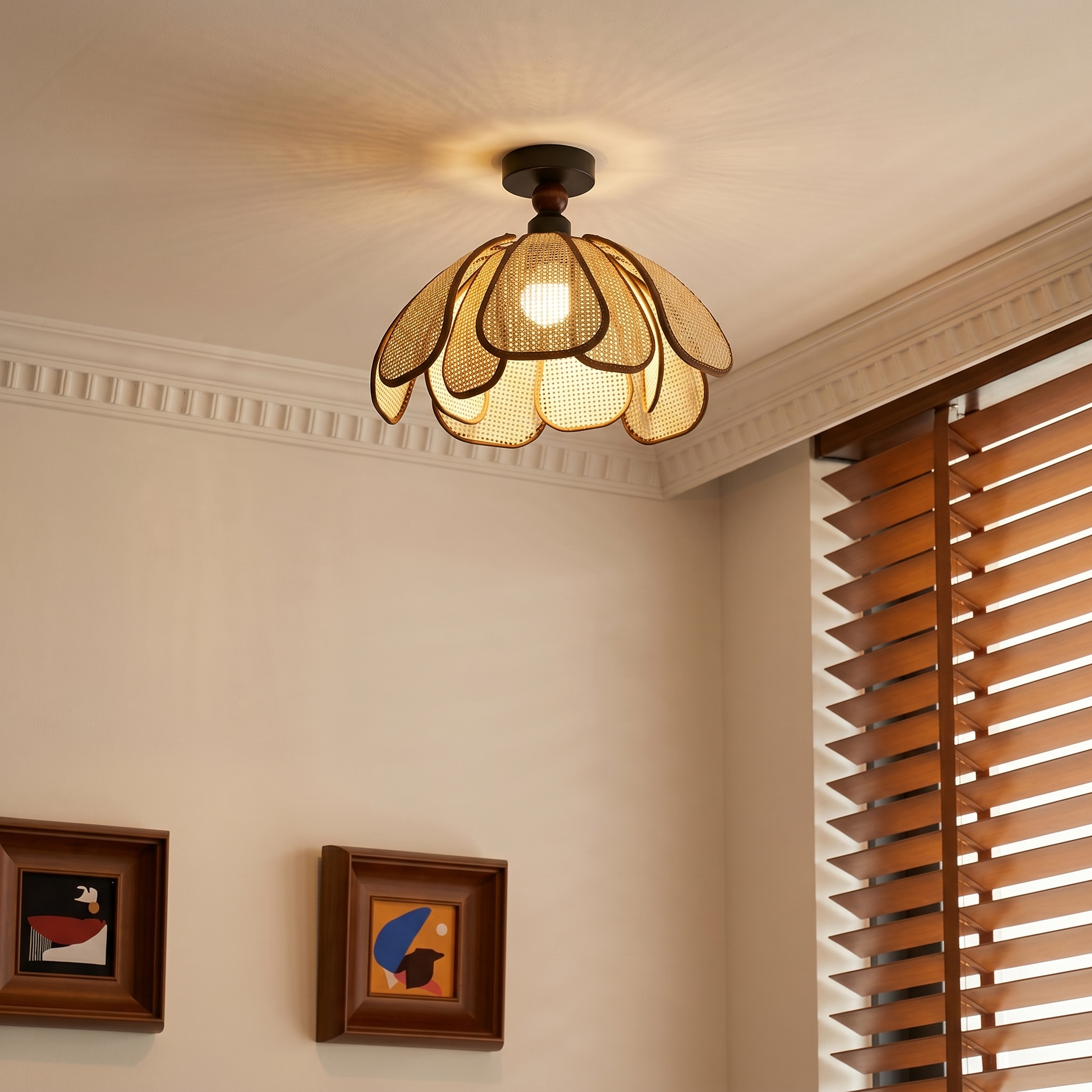 Japanese Wabi-Sabi Woven Rattan Flower Ceiling Lamp for Hallway Entryway