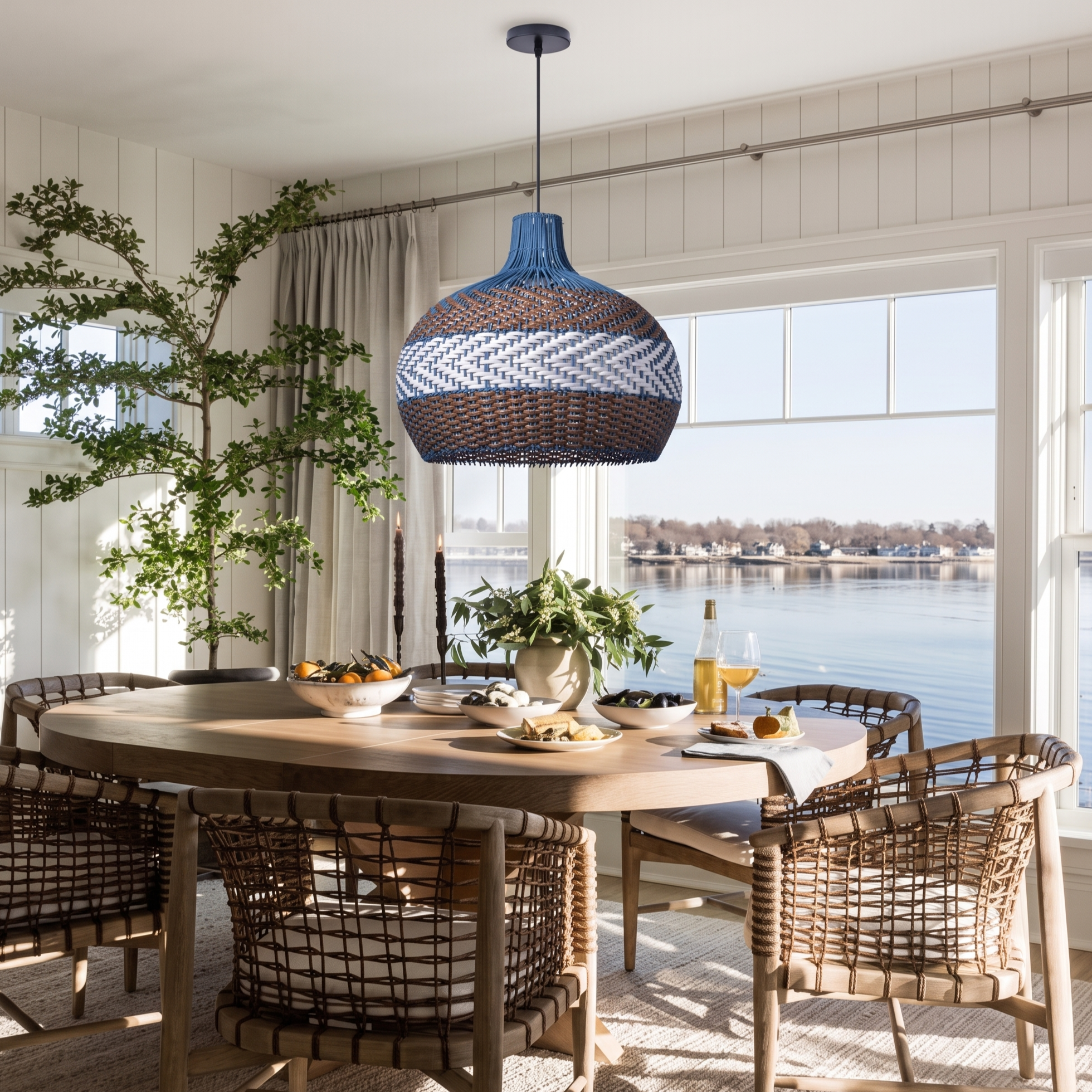 Handwoven Woven Blue Rattan Pendant Light-Boho Coastal Ceiling Light for Dining Room Bedroom & Living Room
