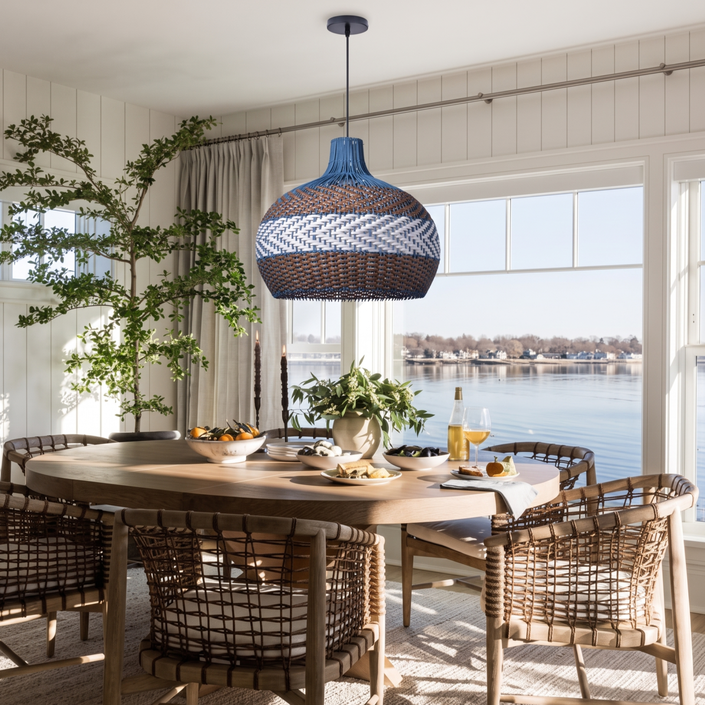 Handwoven Woven Blue Rattan Pendant Light-Boho Coastal Ceiling Light for Dining Room Bedroom & Living Room