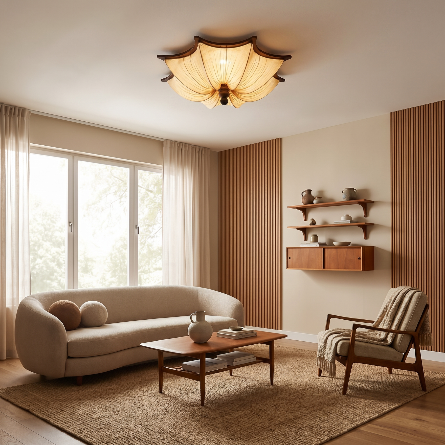 Lotus Fabric Flush Mount Ceiling Light,Vintage Wabi-Sabi  Lamp for Living Room Bedroom