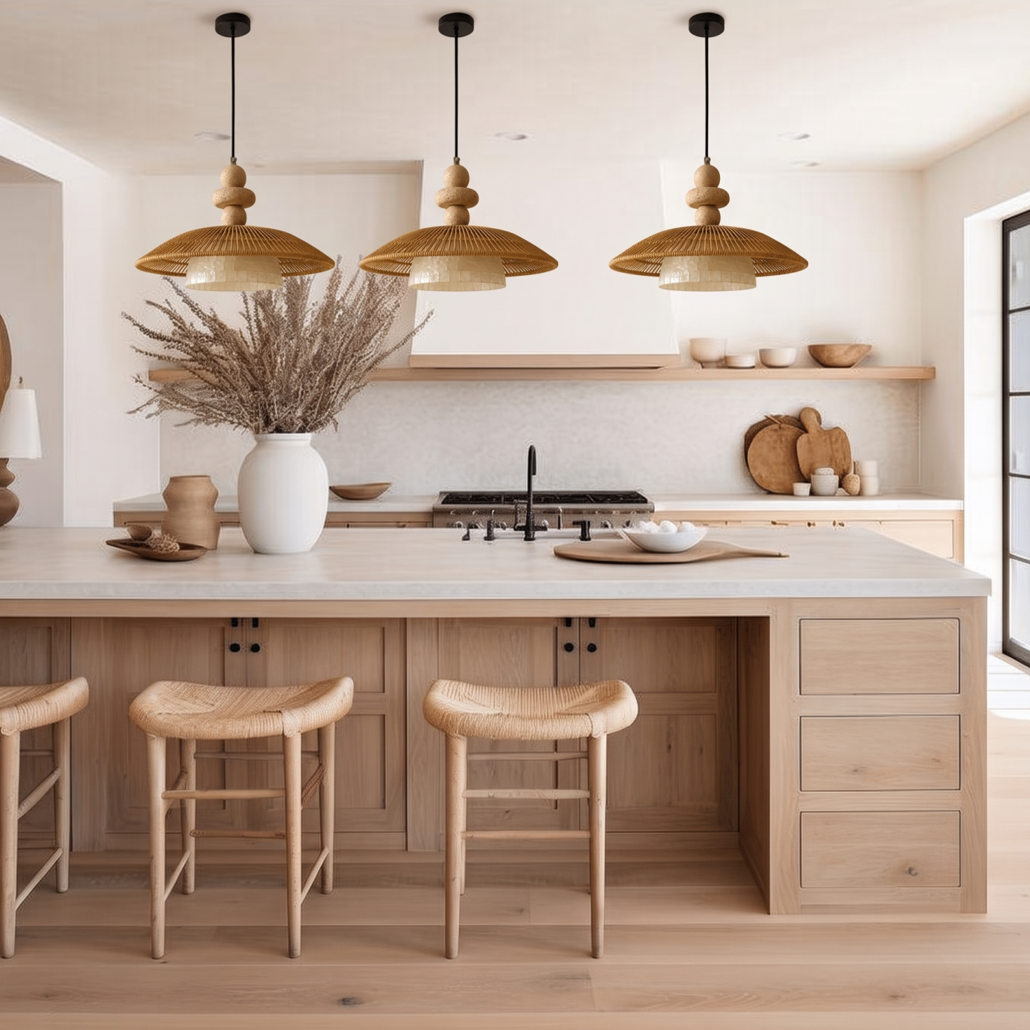Wabi Sabi Rope Pendant Light with Shell Accent-Minimalist Boho Hanging Ceiling Lamp for Dining Room