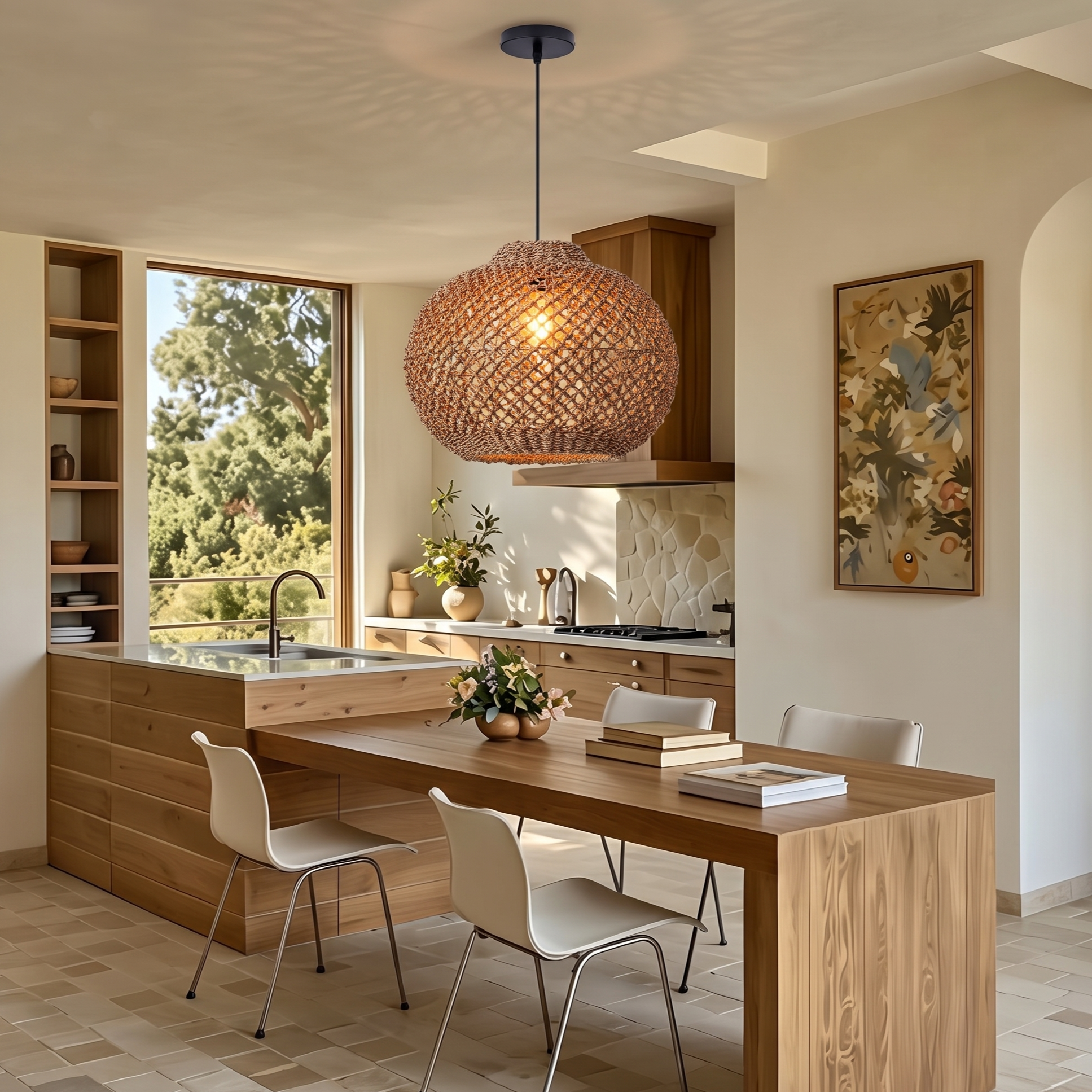 Natural Woven Rattan Pendant Light – Rustic Boho Hanging Ceiling Lamp for Dining Room