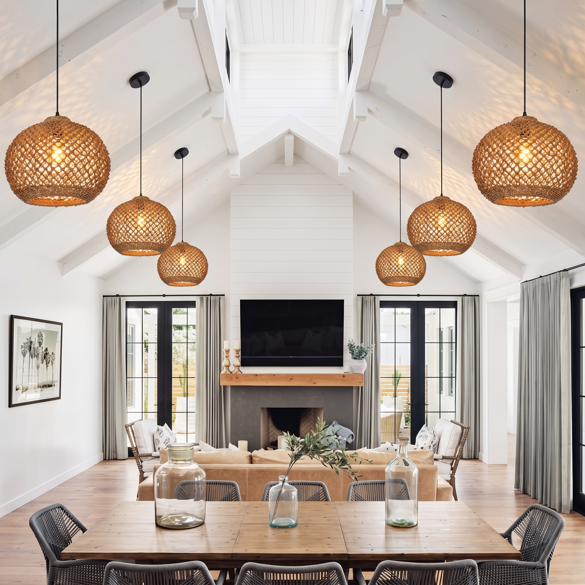 Natural Woven Rattan Pendant Light – Rustic Boho Hanging Ceiling Lamp for Dining Room