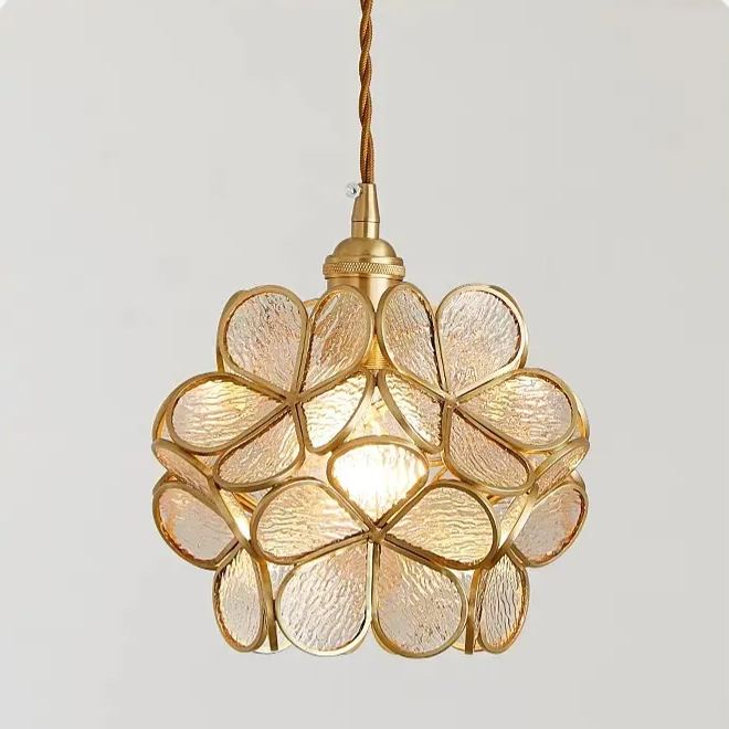 Nordic Brass Flower Petal Glass Pendant Light