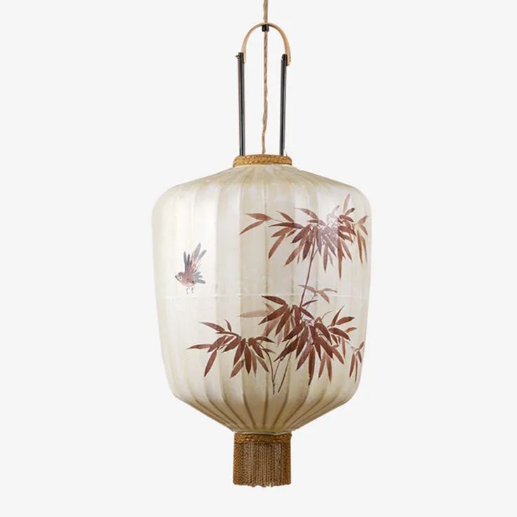 Bamboo Pattern Round Fabric Chinese Style Pendant Light