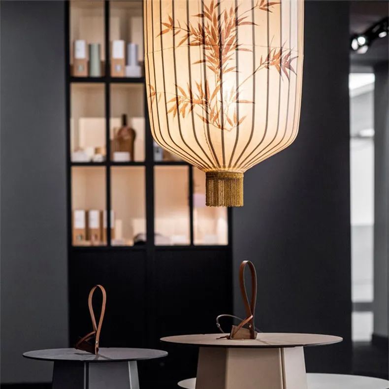 Bamboo Pattern Round Fabric Chinese Style Pendant Light