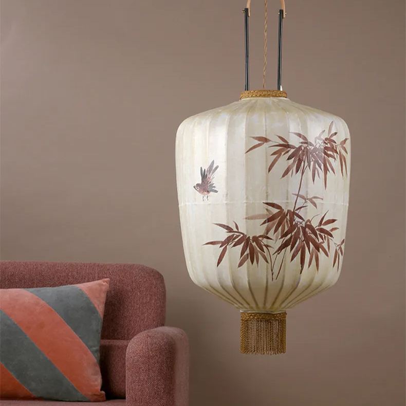 Bamboo Pattern Round Fabric Chinese Style Pendant Light