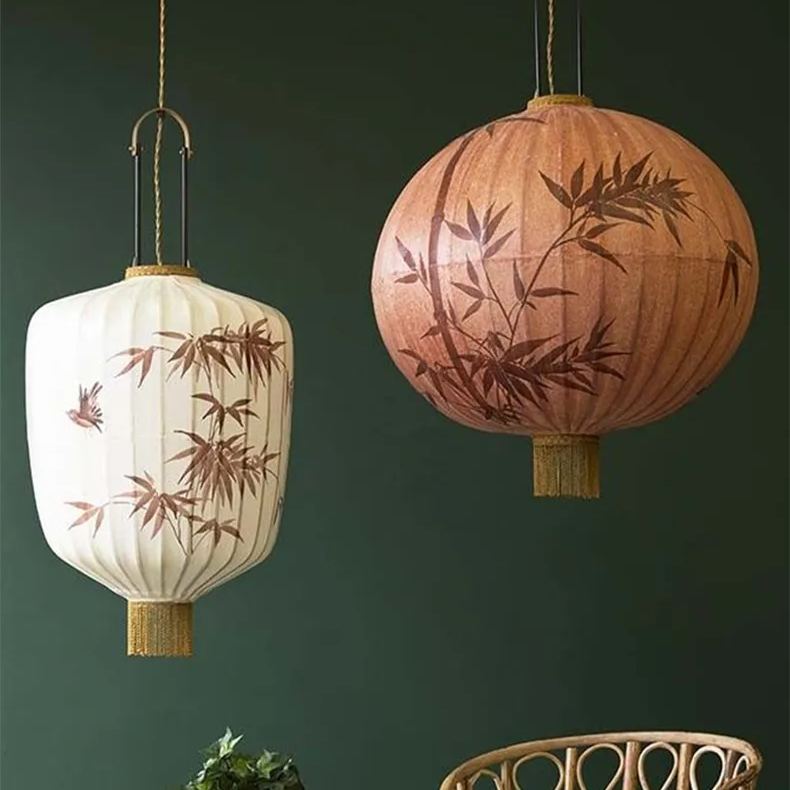 Bamboo Pattern Round Fabric Chinese Style Pendant Light