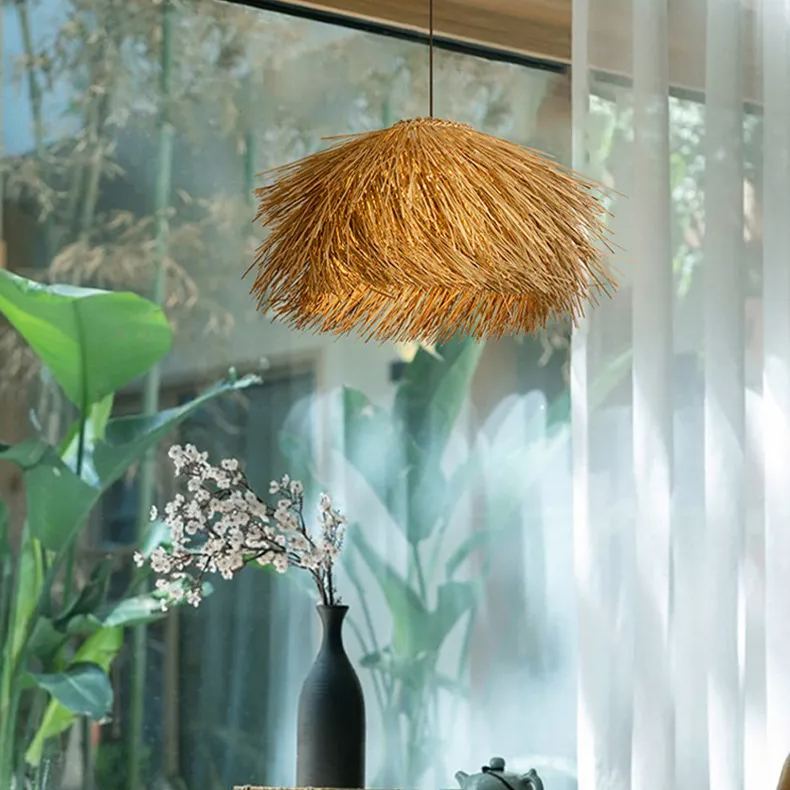 Japanese Wabi-Sabi Rattan Straw Hat Living Room Chandelier Retro Straw Lamp