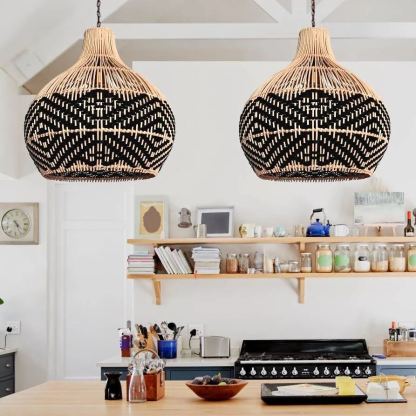Black Pattern Lampshade Vintage Rattan Pendant Light-labpiecesign