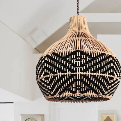 Black Pattern Lampshade Vintage Rattan Pendant Light-labpiecesign