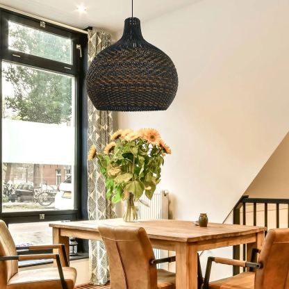 Black Pattern Basket Lampshade Vintage Rattan Pendant Light-labpiecesign