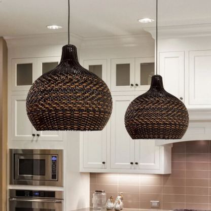 Black Pattern Basket Lampshade Vintage Rattan Pendant Light-labpiecesign