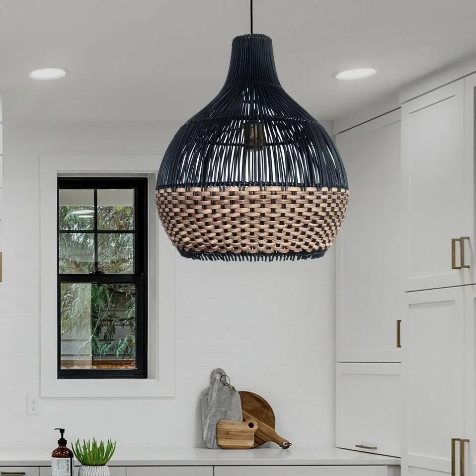 Scandinavian Black Basket Lampshade Vintage Rattan Pendant Light