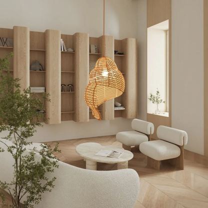 Retro Rattan Wave Shade Pendant Light Wicker Lampshade-labpiecesign