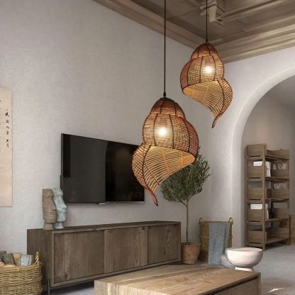 Retro Rattan Wave Shade Pendant Light Wicker Lampshade-labpiecesign