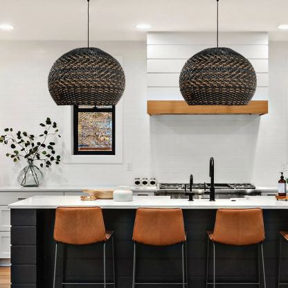 Vintage Black Pattern Basket Lampshade Rattan Pendant Light-labpiecesign