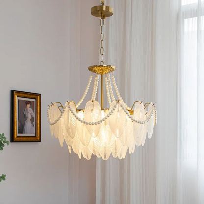 Decorative Pattern Light Luxury Feather Glass Round LED Chandelier-labpiecesign