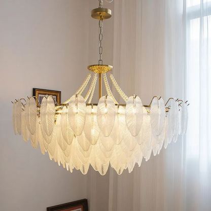 Decorative Pattern Light Luxury Feather Glass Round LED Chandelier-labpiecesign