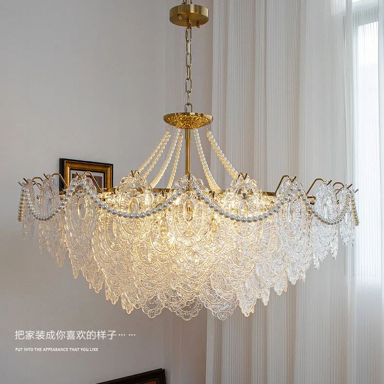 [Copy]Decorative Pattern Light Luxury Feather Glass Round LED Chandelier