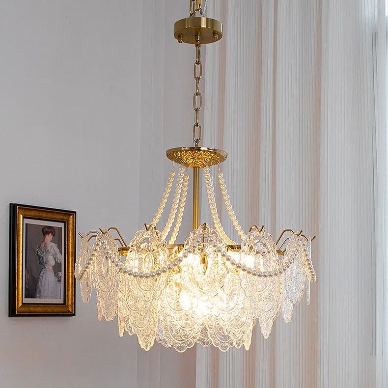 [Copy]Decorative Pattern Light Luxury Feather Glass Round LED Chandelier