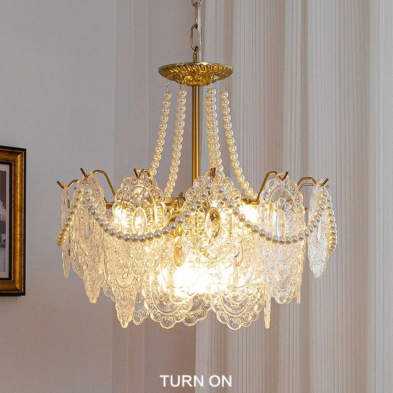 [Copy]Decorative Pattern Light Luxury Feather Glass Round LED Chandelier