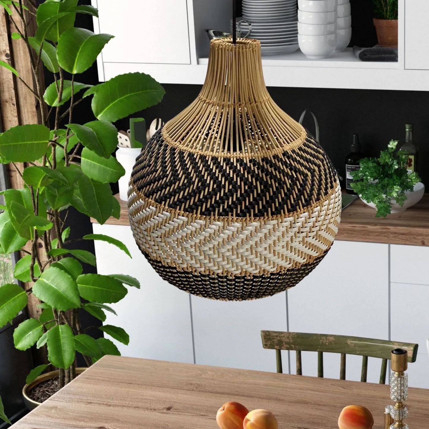 Black And White Stripes Rattan Pendant Light Coastal Interior Design